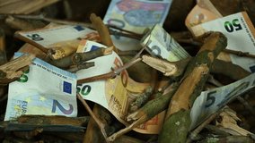 burning money showing waste and loss through negligence bad management and decisions. euro banknotes with wood made up for a fire with open flame about to ignite the currency for symbolic effect  - Powered by Shutterstock - Get 15% off with code: PIKWIZARD15