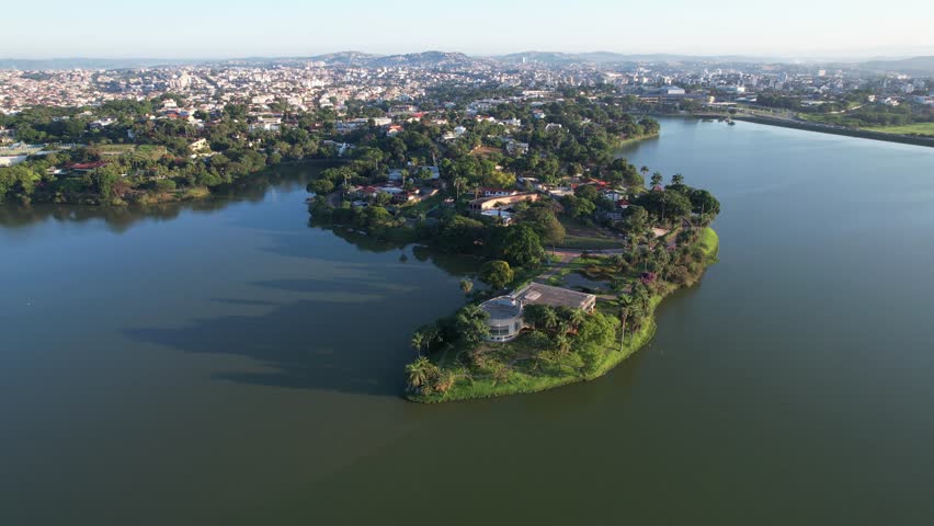 Lagoa da Pampulha, in Belo Horizonte, overlooking the Church of São Francisco de Assis and Guanabara Park. Minas Gerais Brazil. Aerial view.