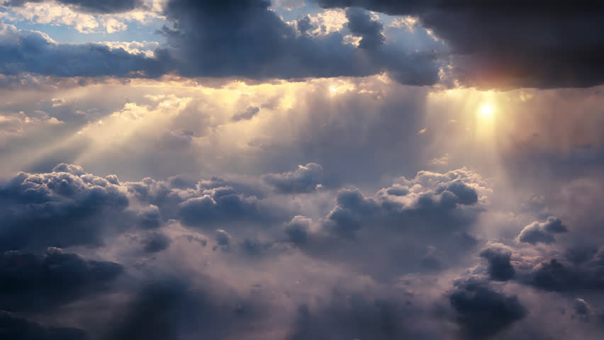 An aerial shot above beautiful cloudscape with sun rays coming through the clouds, detailed picturesque view, camera flying to the storm rainy clouds with dense fog, CG animation. Royalty-Free Stock Footage #1098789687