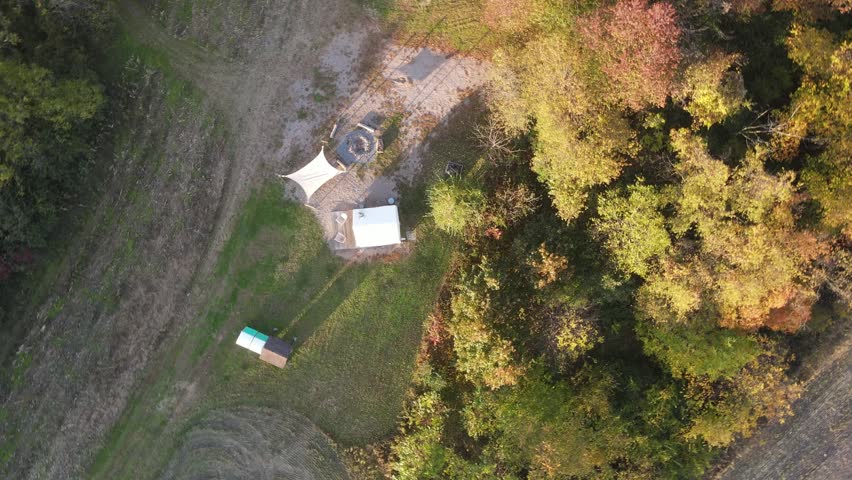 Aerial descent onto a campsite in rural Central Pennsylvania USA