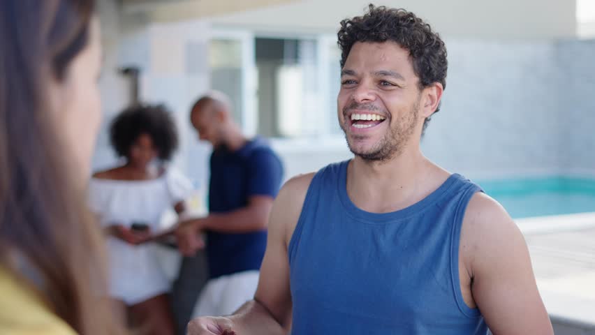 happy man enjoying and eating picanha steak in a traditional brazilian barbecue. Brazilian churrasco
