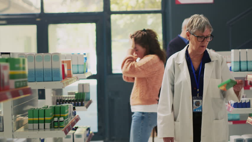 Female client fanting in pharmacy and feeling off, almost falling down and having vertigo sensation. Woman losing consciousness and balance near shelves, asking for assistance. Dutch angle. Royalty-Free Stock Footage #1098793501