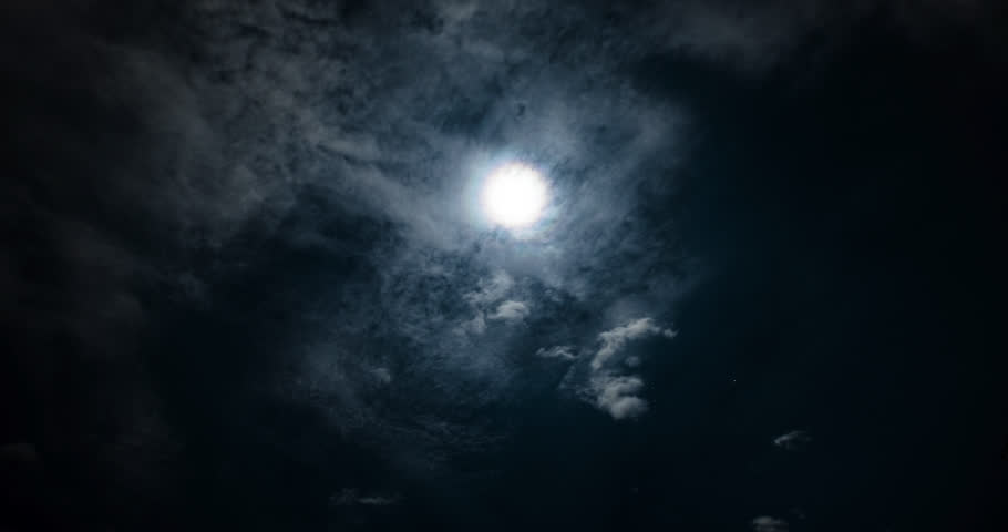 Moonlit and star-filled sky with multiple layers of high altitude cloud systems.