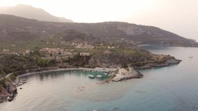 4k drone forward video (Ultra High Definition) of Kardamili port. Wonderful summer view from flying drone of Peloponnese peninsula, Greece, Europe. Nice morning seascape of Ionian sea.