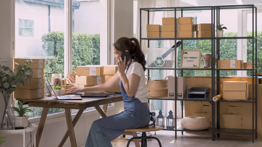 Time lapse asia ecommerce home office of Net zero waste Go green vendor online shop small store. Smart seller SME owner young woman asian people busy packing order work in eco friendly packaging box. | Shutterstock HD Video #1098800897