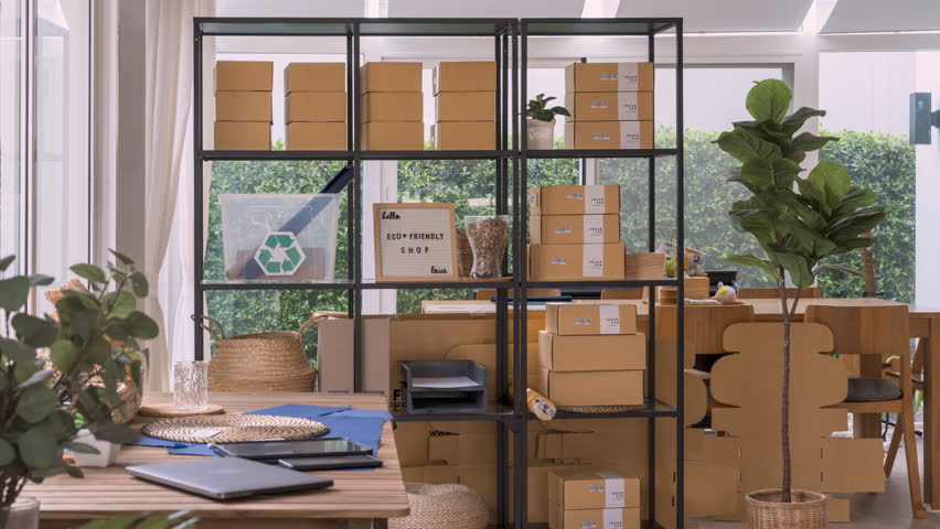 Time lapse asia ecommerce home office of Net zero waste Go green vendor online shop small store. Smart seller SME owner young woman asian people busy packing order work in eco friendly packaging box. Royalty-Free Stock Footage #1098800899