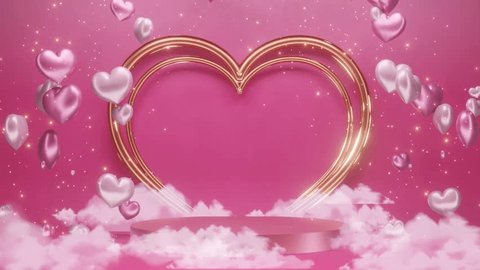 3d gold heart shape with podium, particles hearts pink white colour. cloud on ground slide animation, glitter gold, 4k resolution. 库存视频