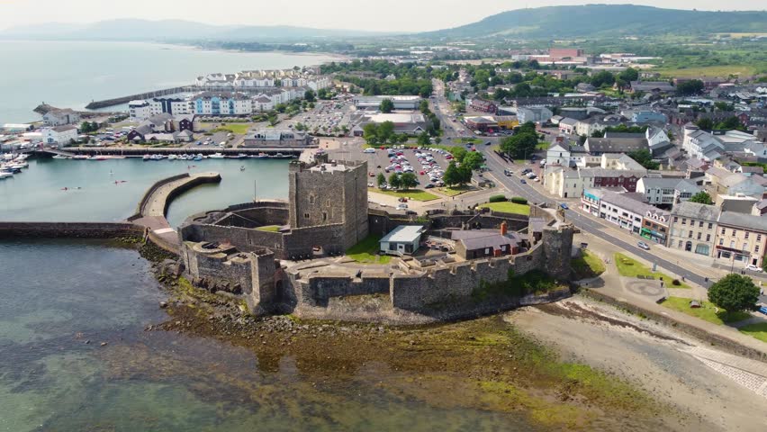 Aerial video of Carrickfergus Castle Co Antrim Northern Ireland where King William landed in 1690