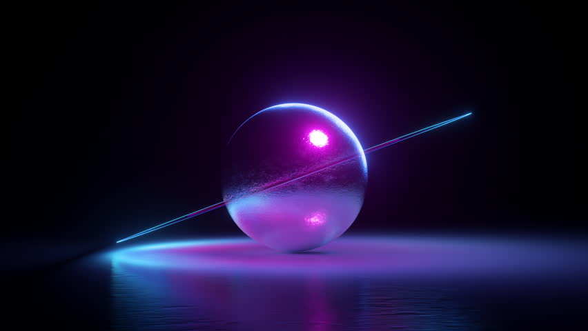 looping 3d animation of abstract saturn planet with neon rings spinning and floating over black background, futuristic space wallpaper with animated ball