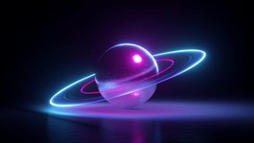 looping 3d animation of abstract saturn planet with neon rings spinning and floating over black background, futuristic space wallpaper with animated ball - Powered by Shutterstock - Get 15% off with code: PIKWIZARD15