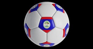 Soccer ball with flag of Belize , black background loop alpha Trasparent 3D