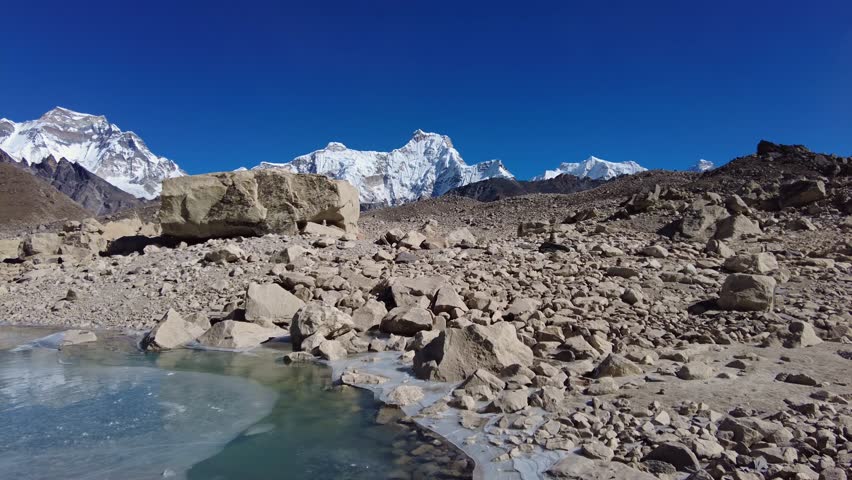 Gokyo, Nepal: Panoramic view of the Gokyo 5th lake, on the way to the Cho Oyu base campe, in the Himalayas in the Khumbu Everest region in Nepal. 