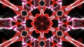 Abstract red kaleidoscope motion background of various shapes from the center