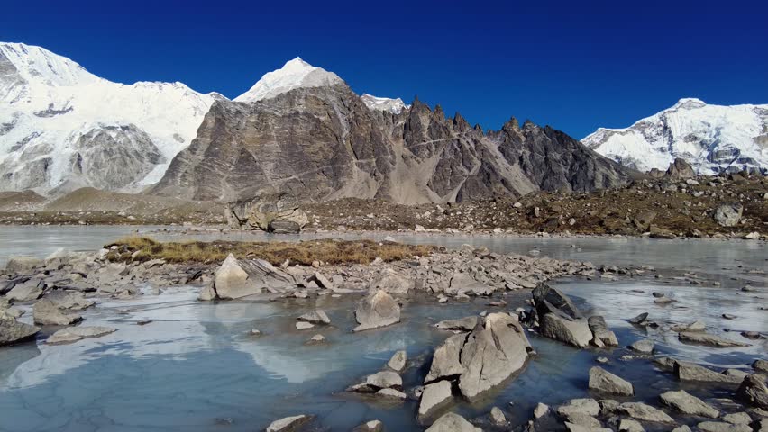 Gokyo, Nepal: Panoramic view of the Gokyo 6th lake, frozen in winter, and the Cho Oyu base camp, in the Himalayas in the Khumbu Everest region in Nepal. 