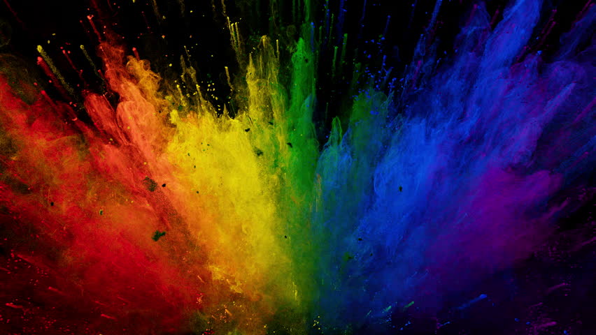 Cg animation of color powder explosion on black background. Lgbt flag colors. Slow motion movement with acceleration in the beginning and slowly orbiting camera. Has luma matte Royalty-Free Stock Footage #1098824075
