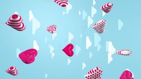 Valentine background. Red and white heart-shaped balloons flying upwards while rotating against sky blue sky with moving clouds. Vertical video. Loop sequence. 3D animation