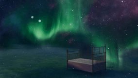 Infinite Dream. Bed in fantasy landscape. Animated video