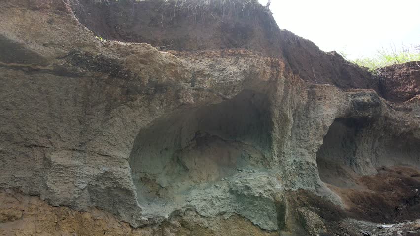 Panoramic closeview of the rock wall structure - surface pattern decorative sedimentation rock- Rock structure. Rock bed.