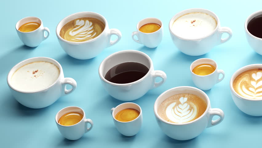 A cup of Americano Different coffee on blue background. 3D animation. Coffee beverage idea concept. | Shutterstock HD Video #1098834975