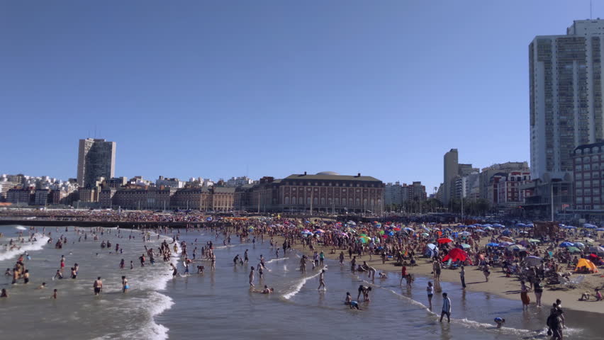 Crowded Beach at Mar del Plata, Buenos Aires province, Argentina. Slow Motion.