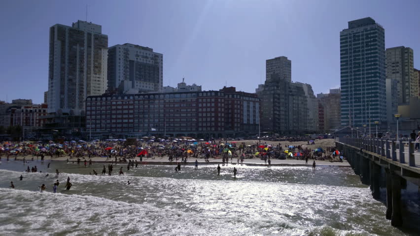 Tourists on the Beach in Mar del Plata City, Buenos Aires Province, Argentina. 