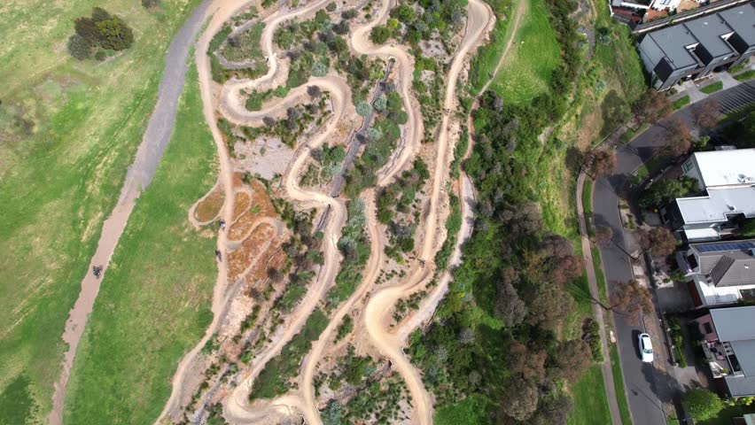 Suburban mountain bike trails aerial in Quarry Park, Melbourne