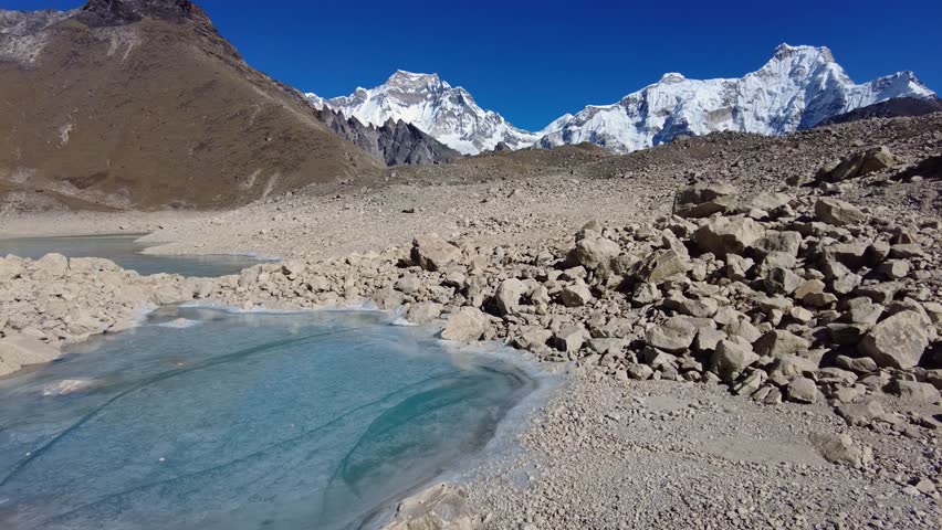 Gokyo, Nepal: Panoramic view of the Gokyo 5th lake, on the way to the Cho Oyu base campe, in the Himalayas in the Khumbu Everest region in Nepal. 