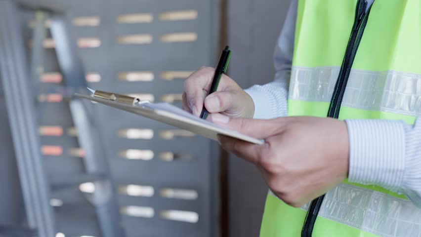 inspector or engineer is inspecting and inspecting constuction or house using a checklist. Engineers and architects or contactor work to build the house before handing it over to the homeowner.
