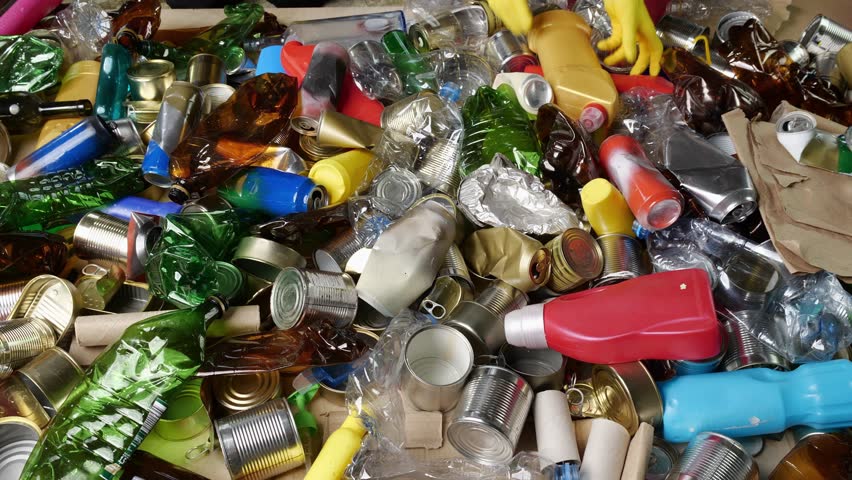Sorting and Recycling Facility. Manual Seperation of recyclable plastic, aluminum, glass, paper, cartons, and cardboard Royalty-Free Stock Footage #1098842825
