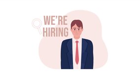 Animated HR manager. We are hiring. Recruitment. Looped flat 2D character HD video footage. Colorful isolated animation on white background with alpha channel transparency for website, social media