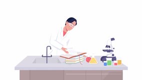 Animated chemistry experiment. Boy reading book at lab. Full body flat person on white background with alpha channel transparency. Colorful cartoon style HD video footage of character for animation