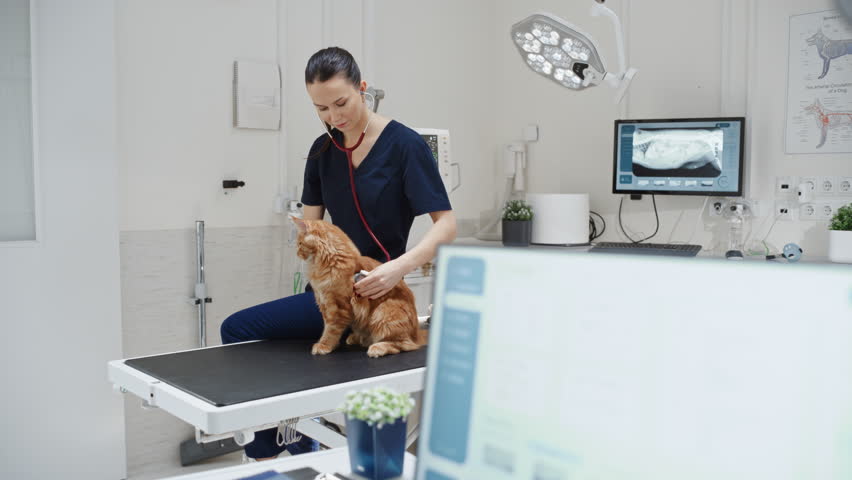Female Veterinarian Diagnosing a Red Maine Coon Cat with Stethoscope. Veterinary Clinic Employee Using Software on a Desktop Computer to Examine X-Ray Scans for Potential Animal Health Risks Royalty-Free Stock Footage #1098851825