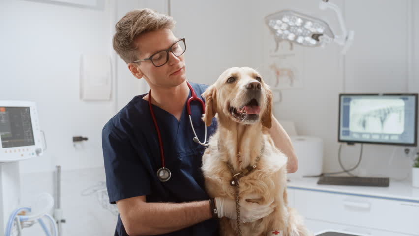 Portrait of a Young Veterinarian in Glasses Petting a Noble Healthy Golden Retriever Pet in a Modern Veterinary Clinic. Handsome Man Looking at Camera and Smiling Together with the Dog. Static Footage Royalty-Free Stock Footage #1098851887