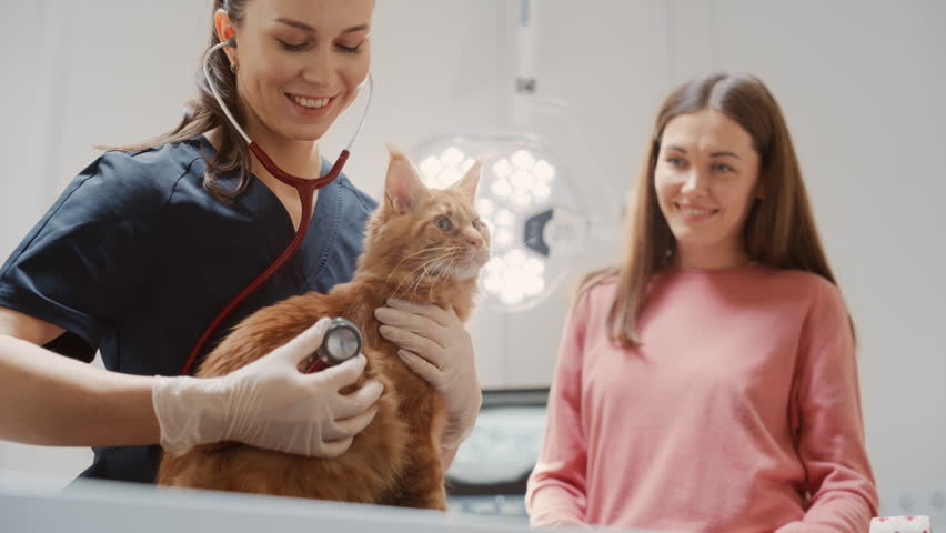 Smiling Veterinarian Using Stethoscope to Examining Breathing of a Pet Maine Coon Sitting on a Check Up Table. Cat Owner Patiently Waiting in the Room to Calm the Red Cat. Visit to Veterinary Clinic Royalty-Free Stock Footage #1098851969