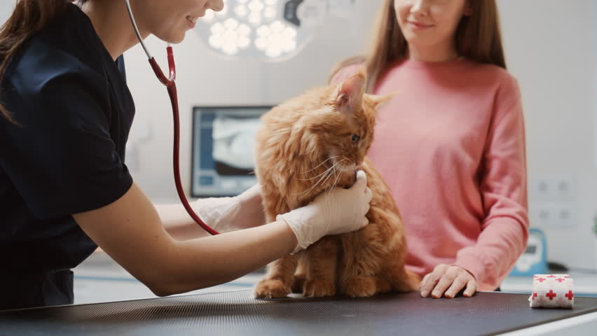 Veterinarian Using Stethoscope to Examining Breathing of a Pet Maine Coon Sitting on a Check Up Table. Cat Owner Petting the Red Cat to Calm Him Down. Visit to Veterinary Clinic Royalty-Free Stock Footage #1098851977