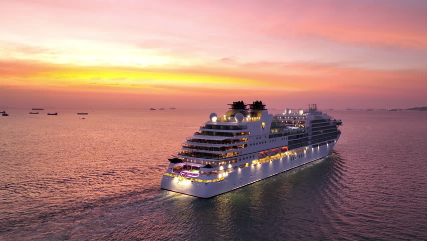 VALENTINE’S DAY CRUISES. Cruise Ship, Cruise Liners beautiful white cruise ship above luxury cruise in the ocean sea at early in the sunset time concept exclusive tourism travel on holiday take summer Royalty-Free Stock Footage #1098855603