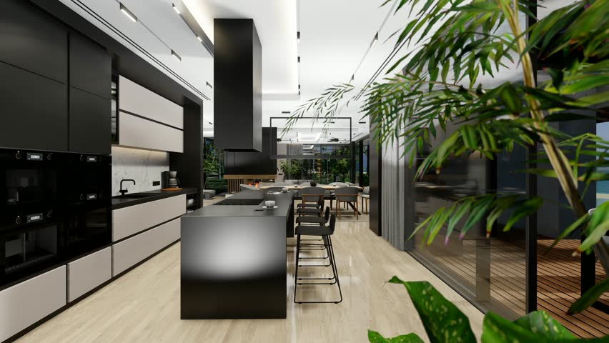 4K video rendering of modern cozy interior with living,dining zone stair and kitchen for sale or rent with wood plank by the sea or ocean. Spacious apartments with expensive furniture and equipment. Royalty-Free Stock Footage #1098857149