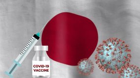 covid 19 vaccine on waving blur japan flag animation. concept for vaccination in national level, vaccine discovery and health care.