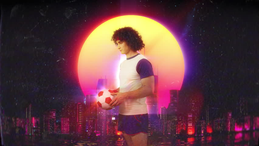 Young man in retro sportswear kicking the ball, football lover, sports fan