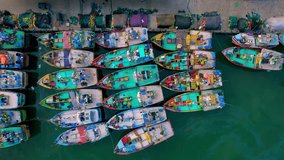 Fishermen's boats in the harbor of the port in Sri Lanka. The colorful of the boat. Traditional fishing boats in Sri Lanka. Tuna fishing in the Indian Ocean. High quality 4k footage