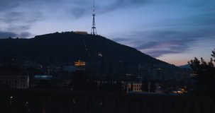 Tbilisi, Georgia. Night Scenic View Of Georgia Tbilisi Tv Broadcasting Tower. Located On Territory Of Mtatsminda Park.