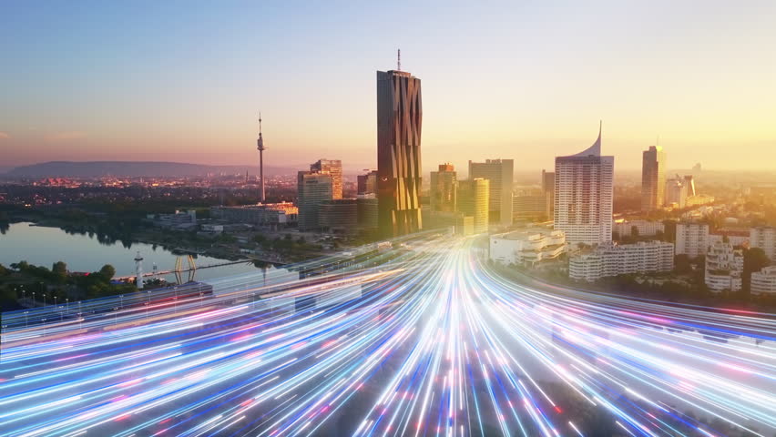 Modern city development rays beams of light running over cityscape aerial view,fast internet high speed optical fiber connection,global communication
 | Shutterstock HD Video #1098876075
