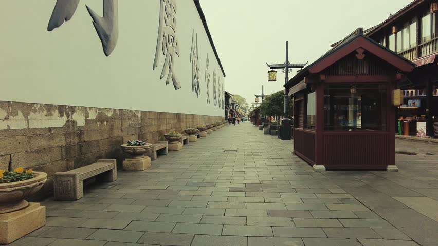 Street view with traditional Chinese historical buildings in Hangzhou, China