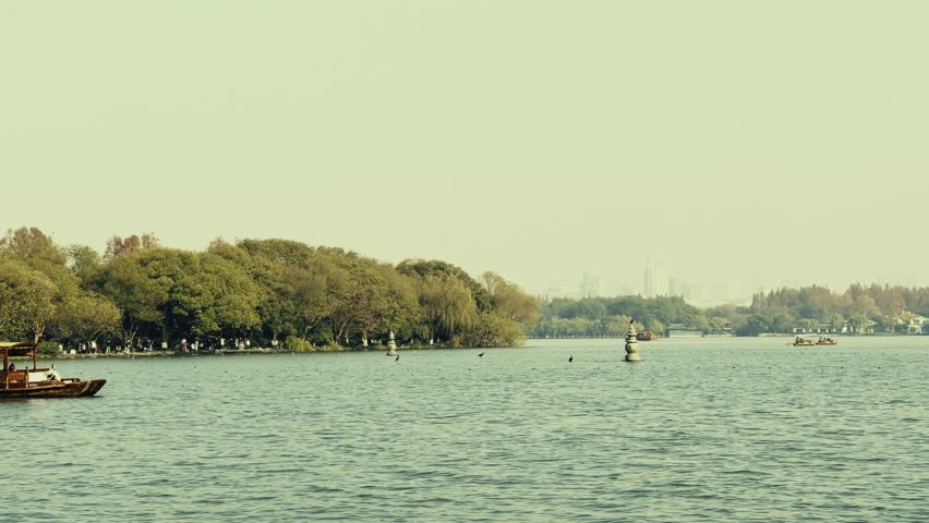 Boat in Xi Lake (West Lake) as the famous UNESCO site in Hangzhou China