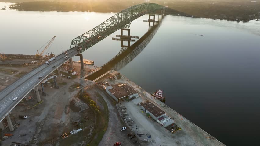 Aerial view of the Hart Bridge during sunrise.