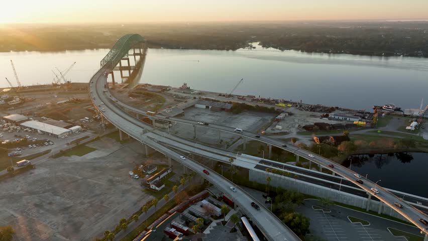 Aerial view of the Hart Bridge during sunrise.