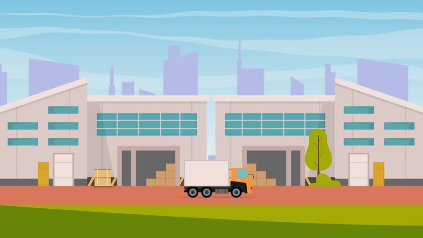Factory building with silhouette of skyscrapers in background 2d animation cartoon in 4k