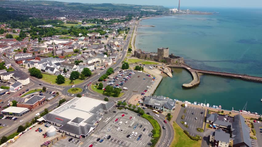 Aerial video of Carrickfergus Castle Co Antrim Northern Ireland where King William landed in 1690