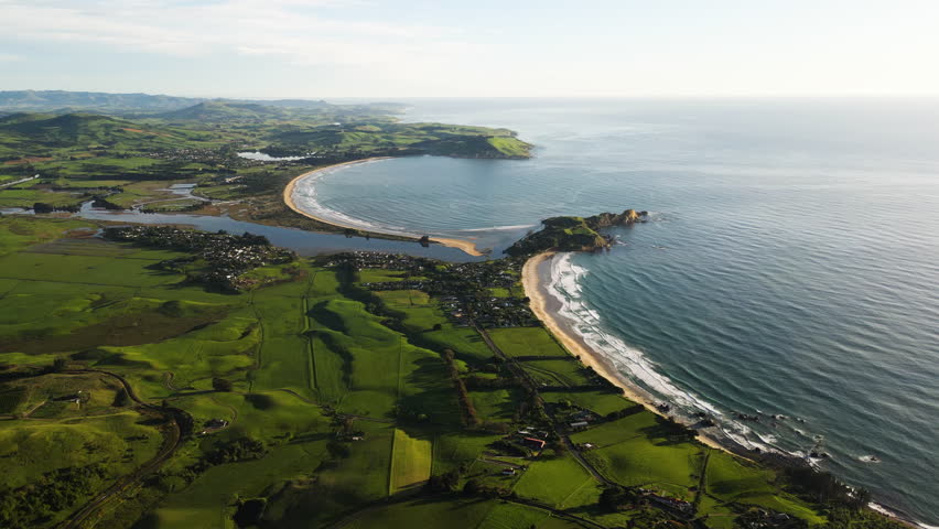 Aerial view of Karitane township and mouth of Waikouaiti River at Huriawa Peninsula