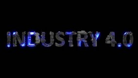 scrap metal cyberpunk text INDUSTRY 4 0 with electrical light and animated surface, isolated - loop video